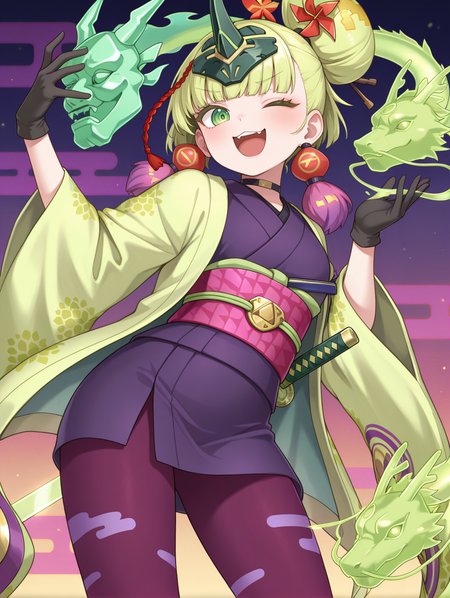 no-p.u.n.k. deer note,1girl,solo,looking at viewer,smile,holding green hologram katana,green hologram katana,green hologram east dragon,single hair bun,closed mouth,pink see-through long skirt,red hair ornament,purple tassel earrings,black gloves,black choker,black horn headpiece,green haori,purple sleeveless kimono,pink sash,purple thighhighs,egasumi,floating green oni mask,one eye closed,standing,smug,teeth,reverse grip,open hand,outstretched hand, open mouth, :3
masterpiece,best quality,amazing quality,very aesthetic,absurdres,newest,<lora:No-P.U.N.K. Deer Note illusXL v1:0.75>,