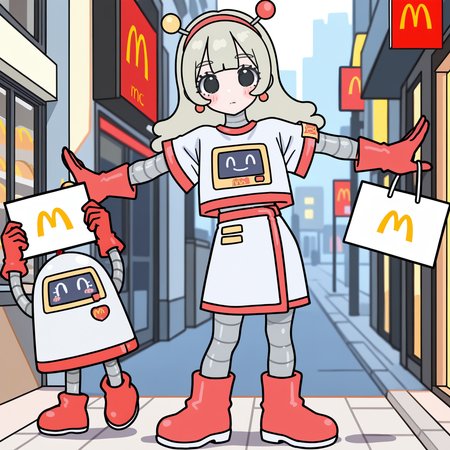 (masterpiece, best quality:1.2), amazing quality, very aesthetic, absurdres, perfect detail,
outdoors, street, mcdonald's, window, shop,
standing, outstretched arms, dancing, mcrobot, holding sign, expressionless, blush stickers, looking at viewer,
solo, chibi, mcsetsuko, android, red_hairband, antennae, earrings, jewelry, white_shirt, print_shirt, short_sleeves, crop_top, white_skirt, red_trim, red_gloves, red_footwear, boots
<lora:XL_Ill_mcdo-set500-t1:1.0>