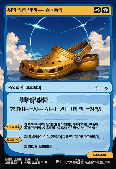 score_9, score_8_up, score_7_up,  golden crocs, no humans, blue sky, clouds, light aura, <lora:MTG_card_v2:1.1>, c4rd,english text,character name, patreon, signature,japanese text,chinese text,korean text, <lora:ryth-crocs:1.2>