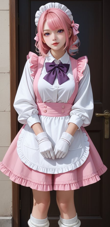 score_9,score_8_up,score_7_up,(masterpiece:1.2),(best quality:1.2),(extremely detailed:1.2),(extremely detailed face),(ultra detailed),8k,<lora:niji-berry:0.8>,niji-berrycos1,pink shirt,black neckerchief,two-tone bowtie,pink bowtie,purple bowtie,button,white shoulder,long sleeves,white sleeves,white apron,multicolored ribbon,miniskirt,pink skirt,frill-trimmed skirt,loose socks,white socks,white gloves,