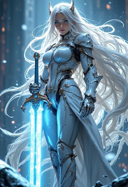 divine korean girl, very long white hair, looking down from a rooftop, futuristic, scifi bodysuit, glossy, delicate frame, angelic appearance, legs, armor, cyborg, deus ex human revolution, perfect body, silver and blue glow, low angle, holding a blue glowing sword in an attacking pose, hkwarrior, mythp0rt, super realistic and detaild