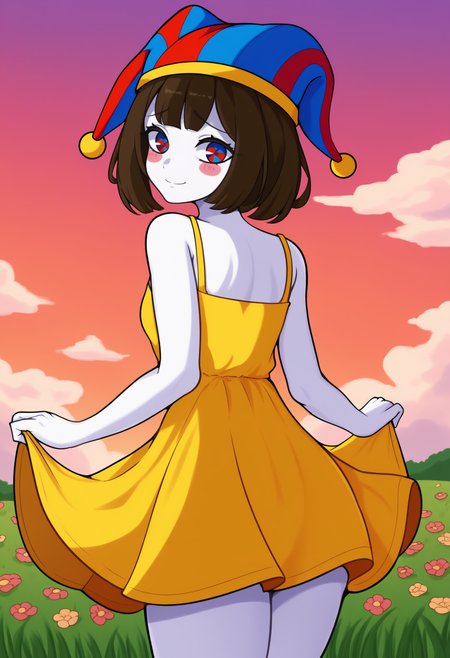 newest, from behind, solo, 1girl, white skin, blush stickers, slight smile, looking back, skirt hold, short hair, brown hair, striped headwear, red headwear, blue headwear, jester cap, two-tone eyes, red eyes, blue eyes, raised eyebrows, yellow sundress, spaghetti strap, bare shoulders, outdoors, sunset, cloud, grass, flower field
<segment:yolo-Anzhc Face seg 640 v3 y11n.pt,0.5,1//cid=11> <segment:yolo-Anzhc Eyes seg-hd.pt,0.5,1//cid=12>