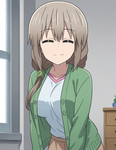 score_9, score_8_up, score_7_up, source_anime,
tsukiuzaki, <lora:tsuki-uzaki-s2-ponyxl-lora-nochekaiser:1>,
tsuki uzaki, long hair, closed eyes, grey hair, large breasts, hair over shoulder, scrunchie, hair scrunchie,
skirt, shirt, white shirt, cardigan, open cardigan, green cardigan, blue shirt, brown skirt,
indoors, bent over, smile,
looking at viewer, cowboy shot, solo, dutch angle,