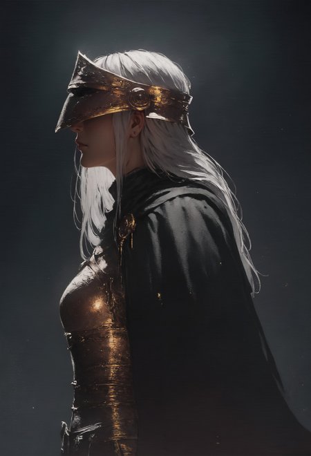 score_9, score_8_up, score_7_up,  side view, female, dark knight, long white hair, beautiful face, bulky, heavy, visor helmet, medieval, dark theme, armor, golden sword, golden trim, black cape  <lora:pony/concept_art_ultimatum_style:0.8> <lora:sdxl/sinfully_stylish_sdxl>