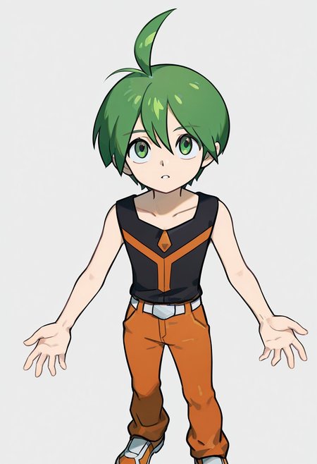 1 boy, aaron, green eyes, green hair, ahoge, black sleeveless shirt, orange pants, white with orange shoes, belt<lora:EMS-380018-EMS:1.000000><lora:ghost-pose-ponyxl-lora-nochekaiser:1>, looking up,cowboy shot,from above, looking at viewer,
