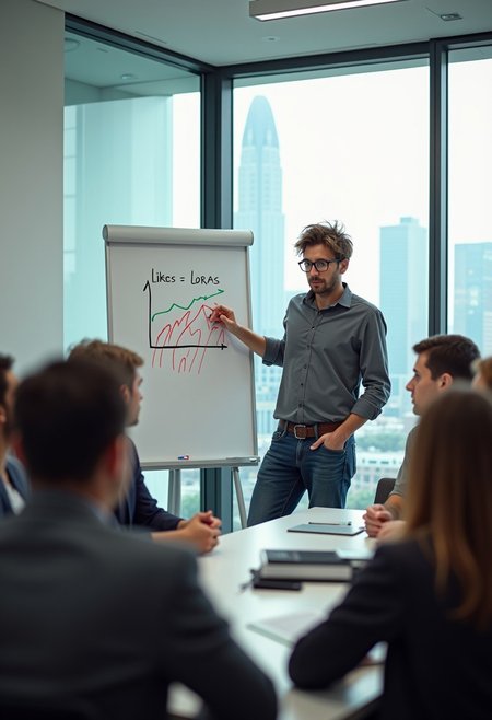 The scene is a realistic interior photo of a corporate conference room in a high-rise building, with a cityscape outside the window in the background on the right. The focus of the scene is a man with a serious expression who is standing next to a white board and gesturing to a graph written in red marker, with the text “Likes = LoRAs” written in green marker next to the chart. The man is dressed casually, with messy hair and horn-rimmed glasses. A diverse group of people wearing business attire sit around the conference room table. The man at the whiteboard is in focus, and the people in the foreground at the conference table are not in focus.