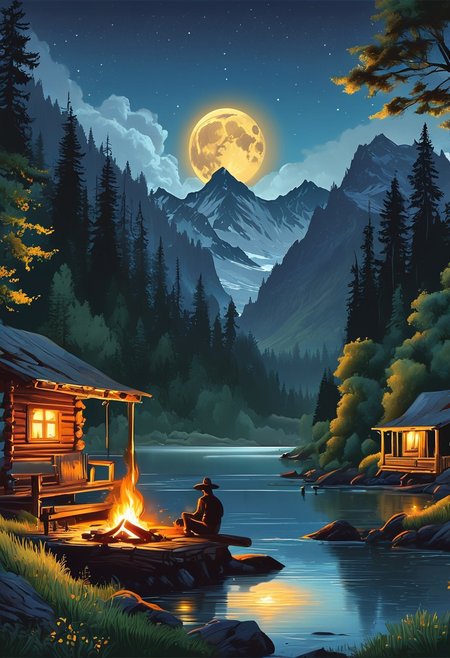 A captivating night scene illustration featuring a beautiful scene of the great out doors in the pacific northwest..   There are great mountains, pine forests, and rivers and some log cabions. It is an outdoorsman's dream.  This enchanting artwork captures a serene and peaceful night, where the moon is just starting to rise over the beautiful landscape  of The Pacific Northwest, creating a cinematic experience., illustration, cinematic
<lora:DonM3t3rn1tyXL-v1.1:0.7>, DonM3t3rn1tyXL,
OverallDetailXL  <lora:MJ52:0.3>  <lora:SDXLFaeTastic2400:0.4>  <lora:EpicF4nta5yXL:0.7>