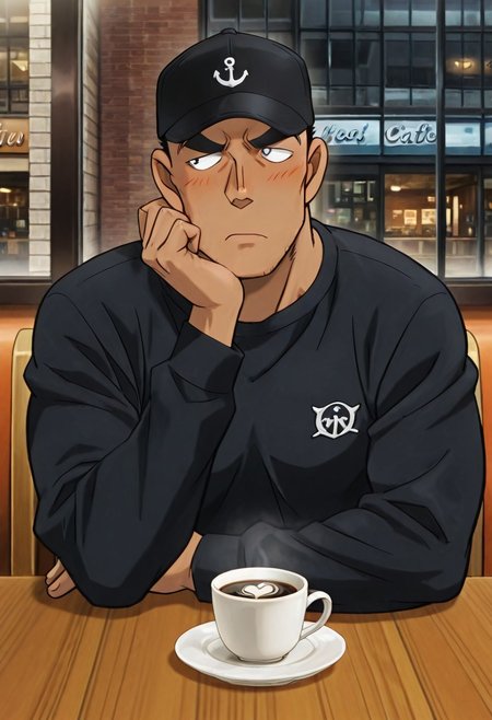 Anime, quality,high quality,masterpiece,extremely detailed,correct anatomy,best aesthetic, detailed face, (EyesHD), (solo), 1man,crew cut, (man in 20's, shaved face, solid pupils:1.5, black short hair, Date Wataru, muscular body), tanned skin, large pectoral, big taller_male, (black hoddie with long sleeve:1.5, jeans,, navy baseball cap, blush, shy face, resting chin on hand, sitting on wooden chair, coffee on table, in cafe, side window, city street,  whole body, looking away), (opened mouth:1.5)