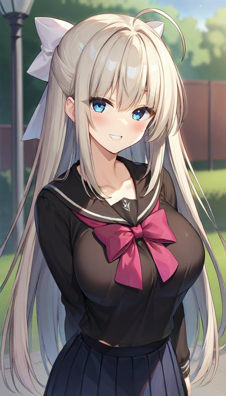 score_9,score_8_up,score_7_up,score_6_up BREAK official art,solo,outdoors,upper body,(portrait:1.5),looking at viewer,facing viewer,smile,blush,Ghost,ahoge,very long hair,white hair,hair bow,white bow,hair ribbon,white ribbon,sidelocks,bangs,blue eyes,school uniform,black sailor collar,pink bowtie,black shirt,long sleeves,large breasts,black skirt,pleated skirt,black pantyhose,loafers,<lora:Ghost(pa)-Pony:1.2>,