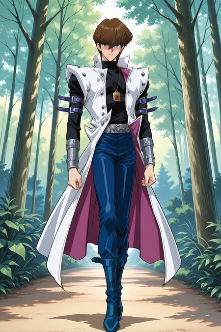 masterpiece,best quality,amazing quality, SetoKaibaYGOILXL, retro artstyle, 1boy, blue eyes, brown hair, short hair, hair between eyes, pectorals, turtleneck, white coat, open coat, black shirt, long sleeves, arm belt, necklace, guantlets, grey belt, blue pants, blue shoes, solo, full body, standing, seductive smile, looking at viewer, naughty face, nose blush, forest, tree   <lora:SetoKaibaYGOILXL:1>