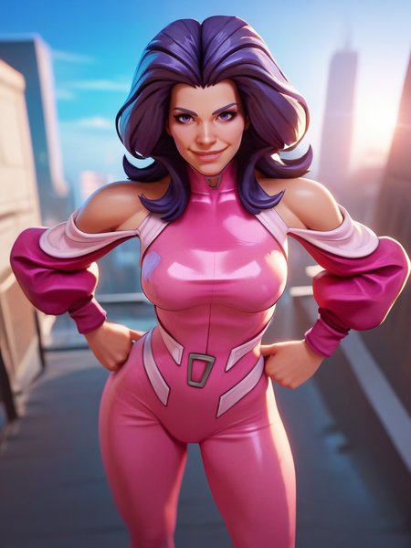 score_9, score_8_up, score_7_up, 1girl, leaning forward, cute pose, cowboy shot, (dynamic pose:1.1), dynamic angle, light smile, hands on hips, city, sunlight,,,
<lora:APsylockePink_character:0.8>, PsylockeXL, purple hair, purple eyes, long hair, clothing cutout, shoulder cutout, detached sleeves, pink bodysuit, makeup, bodysuit,  <lora:2XKO_style-10:0.8>, 2XKO,,