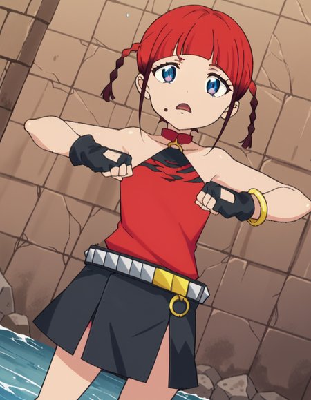 score_9, score_8_up, score_7_up, source_anime, <lora:chise-asukagawa-s1-ponyxl-lora-nochekaiser:1>, chise asukagawa, short hair, blue eyes, braid, red hair, multicolored hair, mole, twin braids, gradient hair, mole under mouth, anime screencap,, skirt, gloves, bare shoulders, jewelry, belt, fingerless gloves, bracelet, sleeveless, red shirt, black skirt,, dam, water, concrete, structure, height, , <lora:mochi-mochi-ponyxl-lora-nochekaiser:1>, mochi mochi dance, clenched hands, hands up,, looking at viewer, solo,, dutch angle, cowboy shot