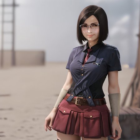 1girl, nayo_ffvii, short hair, bobcut, black hair, brown eyes, lips, medium breasts, nose, glasses, blue shirt, black undershirt, collar, collared shirt, red necktie, belt, skirt, miniskirt, red skirt, pleated skirt, chest logo, white bracelet, thighhighs, zettai ryouiki, fishnets thighhighs, brown boots, getto background, depth of field, soft smile, portrati, looking at viewer,