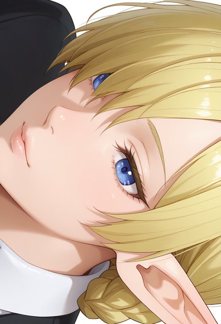 Smooth Quality,masterpiece,very intricate, high quality details, ultra realistic, high detailed skin,detailed enviorement,absurdres, 
simple background, white background, 
sideways,dancing,
=v=,
 <lora:Kagali_cnn:0.8> 1girl, blonde hair, blue eyes, pointy ears, elf,short hair, braid, hair over one eye,suit, white shirt,