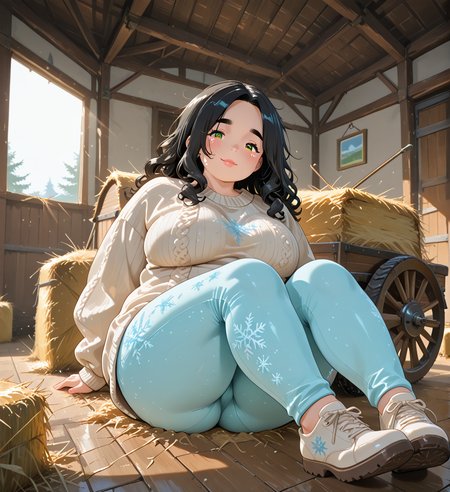 IllusP0s, PonyScores7, source_anime, ah1, IllustriousQual, interesting, exciting, spectacular, wonderful, amazing quality, absolutely eye-catching, very awa,
BREAK <lora:xl_more_art-full_v1:0.2>, <lora:aesthetic_anime_v1s:0.2>, <lora:detailxl:0.2>, detailxl, amazing quality, best aesthetic, absurdres, illustration, Volumetric_Lighting, ultra-detailed, very aesthetic, intricate details, best_quality, lazympos, <lora:Add_Details_v1.2:0.4>, <lora:quality_modifiers_masterpieces_v1:0.2>, anime style, <lora:HDA_Detailer:0.3>, <lora:natsumi_style:0.2>, <lora:by_usakun-pony:0.2>, by usakun, <lora:Akina_Bbw_Style_-_PonyXL:0.2>, AkinBw,
BREAK (((lying, on back))), dynamic pose,
BREAK 1girl, mature female, (curvy), round-chin, caucasian, <lora:ETO_OC_Illustrius:0.5>, eto_oc, skindentation, (plump), thick thighs, wide hips, busty, voluptuous, round ass, large breasts, <lora:plussizegirls_IL:0.3>, <lora:plussizegirls_pony:0.3>, <lora:shinyskin2:0.2>, glistening skin, HDA_FatGirlXL, <lora:perfection style:0.2>, perfection style, perfection, 
BREAK ((Snowflake-printed leggings, oversized sweater, and fuzzy slip-on shoes)),
BREAK (curly hair), long hair, (black hair:1.4), (parted hair:1.7), messy hair, kinky curls, detailed hair, <lora:hairdetailpxl:0.2>, hairdetailpxl,
BREAK (half green and brown eyes), (colorful eyes), (multicolored eyes), (downturned eyes:1.4), expressive eyes, perfect eyes, eyes hd, detailed eyes, (round face:1.2), (thick eyebrows:1.3), (plump face), lips, <lora:Round_face:0.2>, iris lines, <lora:Detailed eyes-Illustrious:0.3>, iris and pupil, soft shimmer on the iris,
BREAK (((teary eyes expression))), Expressive, emotional, looking at viewer, Face Detailed, <lora:Expressive_H:0.2>, Expressiveh, <lora:Emotional_Anime_Expressions_PonyXL_Concept:0.2>, <lora:Best_Facial_Expression_LoRA_PONY:0.2>, looking at viewer, <lora:Detailed expressive EXEV style -XL Pony V1.0:0.2>, FaceDetail, <lora:Best_Facial_Expression_Helper_XTREME_ILLU:0.4>, kaogei,
BREAK (((A large, open barn with the upper loft filled with hay bales piled to the ceiling, On the main floor, an old wooden wagon is filled with hay, and next to it, a vintage tractor with a weathered paint job sits idle, The warm sunlight pours through the barn doors, casting soft shadows on the straw-covered floor))), (((fake screenshot))), 4k, 8k, Ultra HD, Masterpiece, Best quality, Detailed background, foreshortening, extreme perspective, full_details, <lora:AddMicroDetails_Illustrious_v4:0.3>, addmicrodetails,