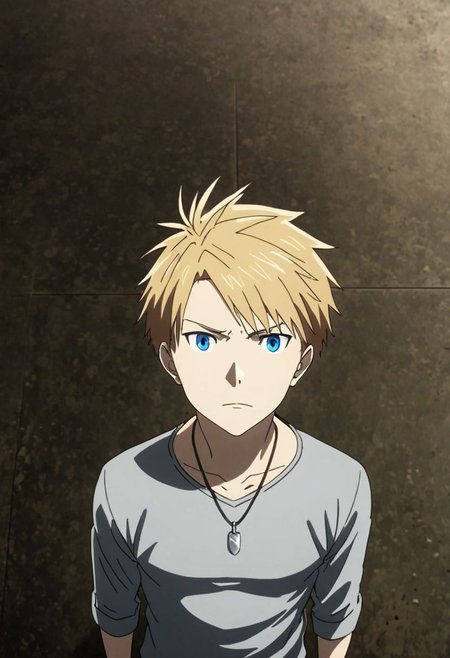 high resolution, professional photography, best quality, 1Boy, Yamato Ishida, blond hair, deep blue eyes, necklace, standing, straight facing upwards, casual, seen from above, arrogant face, dominant, intimidate, OverallDetail