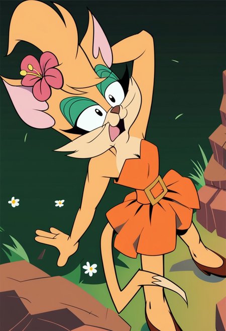 score_9, score_8_up, score_7_up, score_6_up, score_5_up, score_4_up, source_furry, Tabitha_Fantomcat, detailed eyes, detailed face, (retro artstyle, 1990s \(style\), flat color, toon \(style\),dancer, grass skirt, flower in hair, standing
<lora:tabitha-v1:1>