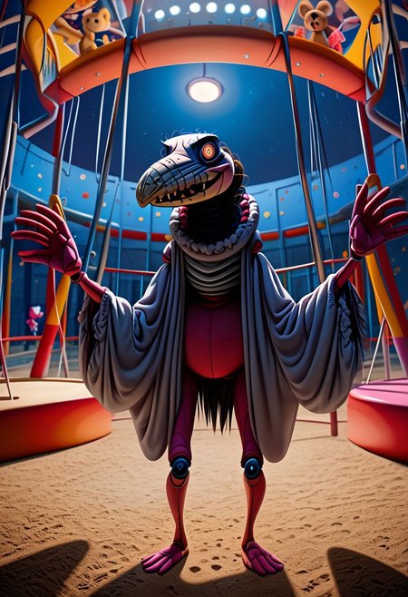 (score_9, score_8_up), score_7_up, score_6_up, (horror, pov), 
solo focus, (limp arms, limp legs:1.1), looking at the viewer, standing,
Skeksis girl, short, anthro, full body, anime, (living plushie, animate inanimate, seams, plush proportions), solo, 
(a ruined indoor playground, indoor playground, dark, night),
creepy smile, open smile, 
Emotionless, fangs, sharp teeth, Matte eyes,
featureless hands, featureless feet, featureless limbs, uncensored, bare torso, bare legs,
