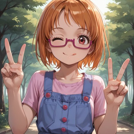 score_9, score_8, score_7, break, cute, ako_s, glasses, short hair, orange hair, brown eyes, overalls, pink-framed eyewear, smile, v, one eye closed, tongue, tree, natural lighting