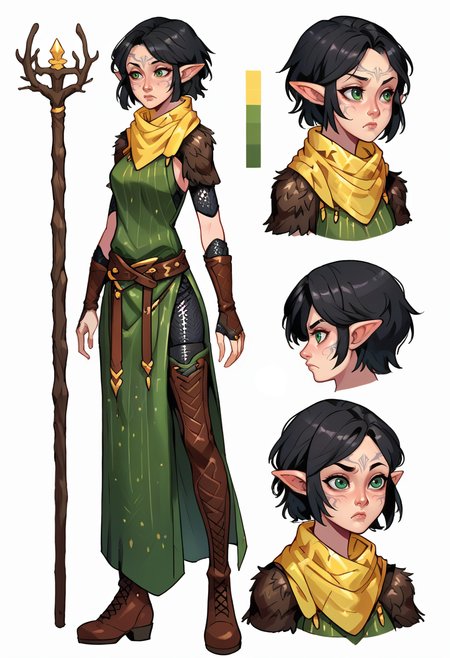 score_9, score_8_up, score_7_up, 1girl, solo,  SulfS-M3rr1LL, pointy ears, face tattoo, facial mark, short hair, black hair, green eyes,
chainmail pants, chainmail sleeves, green tunic, yellow scarf, fur trimmed shoulder pads, leather bracers, belt, thigh boots,
staff, magic,
<lora:Merrill_Dragon_age_2-000008:0.8>,  <lora:XLPCharacterDesign_Concept:0.8> CharacterDesignXL, (CharacterSheet:1), reference sheet, (full body, from side, front:1.1), upper body, cartoon, simple white background,