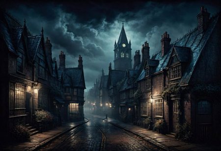 a landscape of a english town close to the sea, 
dark ambient, horror vibe, blueish fog, victorian epoch, 
Lovecraft theme,  
masterpiece, highly detailed,
EdobHorrorLandscape,