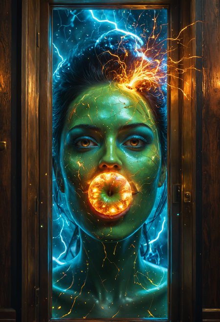 Psychedelic style ((( A beautiful Compassionate, 38 years old woman, with Long raven-black hair cascading like silk; striking gray-blue eyes full of intrigue; smooth porcelain skin accentuated by a subtle glow., Quantum Superposition Warrior: Exists in multiple states simultaneously, attacking from all of them. ,16. Sophisticated Jazz Bar with Live Music, )))
 (((with exaggerated expressions))) Wearing a Magritte-inspired Apple Face: The veggie's face is obscured by a large, green apple., Unique Perspectives Through Windows/Doors: Frame subjects through architectural openings like windows or doors for added context while creating intriguing compositions layered within frames!.(dynamic:1.1),sun rays, 
(Vivid, HDR, Canon50, 8K, Hyper Realistic, Dramatic, Epic, Dynamic Contrast, Cinematic Lighting, increased brightness)(((Zoomed Out, Far away Shot))) = =. Epic dynamic lighting , vibrant,highly detailed,psychedelic,((Psychedelic, rainbow glow ))
((Vivid, Epic, Dynamic contrast)) (((Zoomed out, Far away shot, In frame)), (((Cinematic, Studio lighting, Contrast)))
<lora:juggernautXL_version6Rundiffusion:0.8><lora:rundiffusionXL_beta:0.8><lora:epicrealismXL_v5Ultimate:0.8><lora:crystalClearXL_ccxl:0.9><lora:extremely_detailed:0.8> extremely detailed
 <lora:hyperkraximalism:0.3> hyperkraximalism
<lora:QuadpipeQp_sdxlV2:0.4> 
<lora:xl_more_art-full_v1:0.1>
<lora:RMSDXL_Darkness_Cinema:0.4>
<lora:glowneon_xl_v1:0.8> glowneon, glowing, sparks, lightning, - Generate images with sharp edges and fine details.
- Produce high-resolution images with no blurriness or distortions.
- Create images with clear and well-defined subjects.
- Ensure that the output images have crisp lines and distinct features.
- Generate images with vibrant colors and accurate tones.
- Avoid noise or artifacts in the generated images.
- Focus on producing clear textures and patterns in the images.
- Emphasize clarity and definition in all aspects of the generated images.
- Prioritize the sharpness and clarity of the main subjects in the images.
- Optimize the AI model to produce clear and visually appealing images., Wlop, By art germ . Vibrant colors, swirling patterns, abstract forms, surreal, trippy