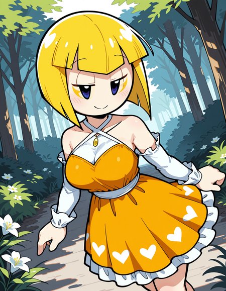 masterpiece, best quality, amazing quality, very detailed, newest, no humans, solo, anthro, WnKrbZnPrtznn, blonde hair, short hair, floating hands, looking at viewer, (elegant), dynamic pose, dynamic angle, (mature), outdoors, smile, summer dress, orange dress, (heart motif), flowers, nature, windy, half-closed eyes, (no nose), detached sleeves, halterneck, layered clothing, jewellery, , <lora:6181c8c8-c962-4334-b2cb-3dfb77597397:0.9>
