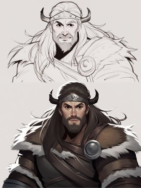 score_9, score_8_up, score_7_up, score_6_up, 1boy, viking, warrior, beard, epic pose, shy, sexy, dynamic pose, smile, portrait, long hair, bangs, black eyes, colored clothes,
<lora:StepbyStepColor_concept:0.9>, StepbyStepColor, simple background, coloring, rough lines, sketch, monochrome, color guide, multiple views, flat color, variations, concept art,