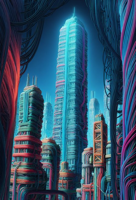 embedding:lazympos, mad-cable, cityscape, night, cyberpunk, cables, neon lights, skyscraper, hanging cables, low angle, scienmce fiction, futuristic, abstract background <lora:Cables_IL:1> <lora:Challenge_Winnifier_2025-04:0>