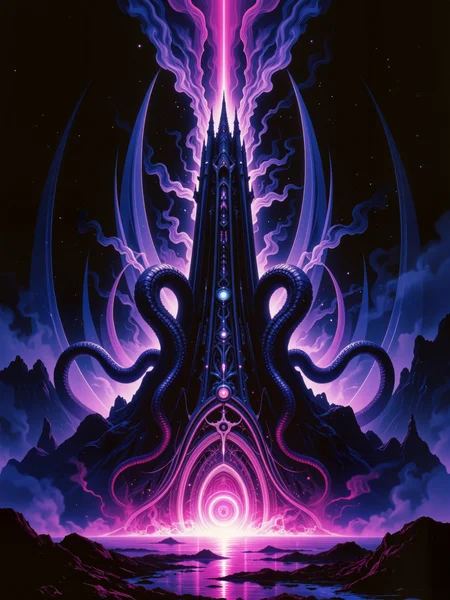 famous artwork, award-winning hyper-realistic digital illustration, highly aesthetic, gorgeous, stunning, beautiful, high resolution, uhd, 8k, 4k, dramatic, epic, meticulous, accurate, at night, dim lighting, golden ratio, dynamic, perfect symmetry, your scars of ashen white, reveal the doubt inside, but in uncertainty, lies the truth you seek. in silence is the word, and in the darkness is the light, only in dying is the life you crave to find, beware the phantom's spell. twisting architecture, interdimensional entity, unholy sigils, tentacled horror, tower of madness, gothic spire, cosmic energy, cold hues, harmonizing colors, lovecraftian, cthulhu mythos, ovg, aidmafluxpro1.1, arsmoviestill, 80s fantasy movie still, <lora:flux_pro1.1_detailer-v0.3-flux-by_aidma:0.6> <lora:style-80s_fantasy_movie-v3-flux-by_arsmachina:0.68>