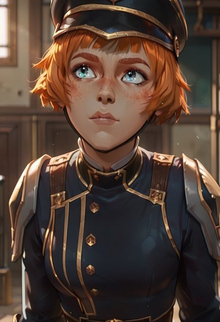 masterpiece, best quality, newest, absurdres, highres, anime, anime style,
Maddie-Nolan-IL.V1.1-enforceroutfit, uniform, orange hair, ginger, redhead, freckles, blue eyes,
