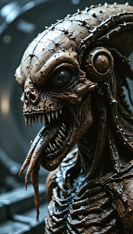 devast8, a cinematic close up of the head of a xenomorph with detailed skin texture, slimey skin, acidic drool, gaping maw, with lighting that highlights the details, the background is a spcaship interior