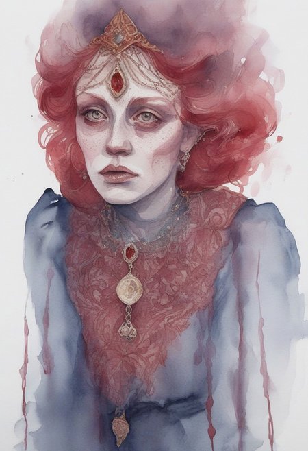 watercolor, watercolour,
A gaunt mysterious seductive red haired witch clad in a crimson ornate dress and jewels