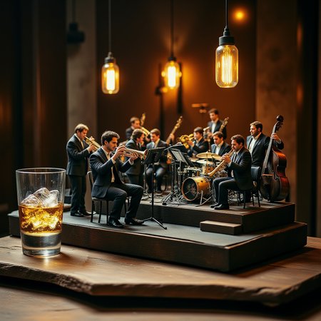A miniature diorama of a big band playing on a stage next to a glass of whiskey with ice. 17 members in matching suits sit on the stepped stage. 4 trumpets, 4 trombones, 5 saxophones, piano, bass, drums, guitar. A supreme artistic moment where everyone is immersed in the joy of sound. A magical night, a conductor, <lora:Flux.1_Turbo_Detailer:0.7>, <lora:Diorama_Flux:0.9>