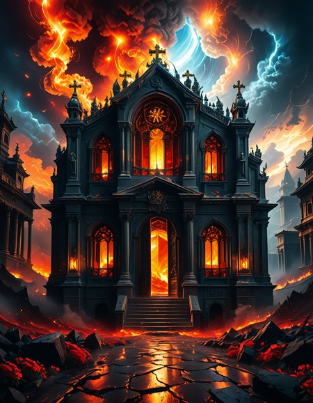 A once-majestic celestial temple, now under siege by the forces of Hell. The grand white stone structure is cracked and scorched, its golden crosses twisted and broken. The stained-glass windows, once glowing with warm divine light, are now shattered, with demonic symbols glowing ominously in their place. The sky, once a serene blue, is now consumed by dark storm clouds, swirling with red lightning and thick smoke.
Black, jagged chains extend from the sky, wrapping around the temple as if trying to pull it down into the abyss. The once-fluffy clouds beneath the structure are now a chaotic mix of fire, ash, and dark mist, with glimpses of molten lava cracks below. Infernal creatures with glowing red eyes lurk in the shadows, their silhouettes barely visible through the smoke and fire.
The temple doors are blown open, revealing an eerie red glow emanating from within, as if Hell itself is consuming the sacred space. Massive demonic runes are etched into the stone, pulsating with an unholy energy. The entire scene is bathed in a deep crimson and orange glow, giving it an apocalyptic and nightmarish atmosphere.
Style & Lighting:
- Dark fantasy, highly detailed
- Dramatic, high-contrast lighting with fiery glows
- Cinematic composition, epic scale
- Strong use of shadows, embers, and atmospheric foghighly detailed and atmospheric view from inside a massive birdcage, large enough for a human to stand inside. The cage is made of ornate, aged metal bars with intricate Victorian-style patterns, curving elegantly towards the domed ceiling. Sunlight filters through the gaps between the bars, casting long, dramatic shadows on the wooden floor. Delicate vines and small flowers have begun to grow around the bars, adding a touch of nature reclaiming the space. The background beyond the cage is blurred, hinting at a lush garden or a mysterious, abandoned mansion. The ambiance is serene yet slightly melancholic, with warm golden light illuminating dust particles floating in the air. Soft feathers are scattered on the floor, adding to the sense of quiet abandonment. The perspective makes the viewer feel as if they are inside the cage, looking outward, surrounded by both beauty and confinement. The style is highly detailed and realistic, with a cinematic and slightly surreal atmosphere.
<lora:SDXLFaeTastic2400:0.4> <lora:extremely_detailed:0.4> extremely detailed,evil celestial t3mpl3, <lora:evil_celestial_t3mpl3-p:1>, Masterpiece,best quality,hi res,8k,hi res,8k,award winning,(sharp focus, intricate, highly detailed),