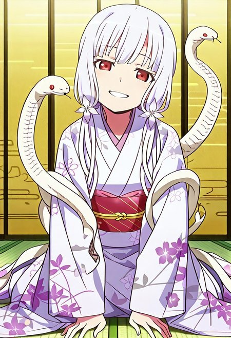 Smooth Quality - Illustrious, sfw,
anime, illustration, nadeko, red eyes,long hair,white hair,snake hair,albino, 
<lora:NSFWFilter_illusXL_Incrs_v1:-1>
<lora:Snake_on_Shoulders:0.8> sn4k3, snake on shoulders, large snake, white snake,
1girl, solo,
japanese clothes, white kimono, furisode, floral print, 
looking at viewer, head tilt, beautiful smile, grin,
golden folding screen, zabuton, tatami,