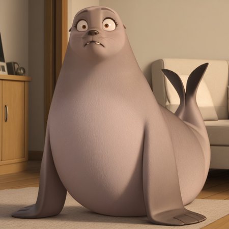 masterpiece, best quality, amazing quality, b3th1, female, furry female, feral, solo, sea lion, grey fur, brown eyes, eyelashes, black nose, whiskers, small ears, buck teeth, missing front teeth, spots on fur, flippers (limbs), fat, confused, 
fullbody, indoors, living room