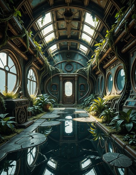The interior of an ancient abandoned spaceship, overtaken by lush vegetation. The walls and ceiling are covered in thick, twisting vines and moss. Strange alien plants glow faintly in shades of blue and green, casting an eerie, mystical light across the metallic surfaces. Rusted control panels and shattered glass windows hint at a long-forgotten past. The floor is cracked and partially flooded with still, reflective water. Patches of bioluminescent fungi cling to the corners, adding a surreal atmosphere. The air feels heavy with moisture, and beams of soft, diffused light filter through holes in the hull, creating dramatic shafts of light and shadow. The overall style is hyper-realistic, rich in textures, with a cinematic and slightly melancholic mood.<lora:SDXLFaeTastic2400:0.4> <lora:extremely_detailed:0.4> extremely detailed,ancient abandoned sp4c3sh1p, <lora:ancient_abandoned_sp4c3sh1p-i:1>, Masterpiece,best quality,hi res,8k,hi res,8k,award winning,(sharp focus, intricate, highly detailed),