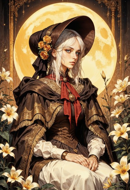 PlainD0ll, a serene and ethereal atmosphere. The layout is vertical, focusing on a single subject, a woman with fair skin and long, white hair, wearing a large, dark hat adorned with yellow roses. The PlainD0ll is dressed in an ornate, dark cloak with intricate gold patterns and a prominent red ribbon tied at the neck. She is seated amidst a field of white lilies, with a large, glowing yellow moon in the background, casting a warm, golden light over the scene. The overall color palette is rich and earthy, with deep browns, golds, and soft whites, creating a harmonious and mystical composition. <lora:RetroAnimeFluxV1:0.8> <lora:Elden_Ring_-_Yoshitaka_Amano:0.75> <lora:FluxMythG0thicL1nes:0.4> <lora:ck-painterly-fantasy:0.2> <lora:flux.1_lora_ink-dynamic:0.2> <lora:FluxPlainDoll:0.8> <lora:Mezzotint_Artstyle_for_Flux_-_by_Ethanar:0.2>