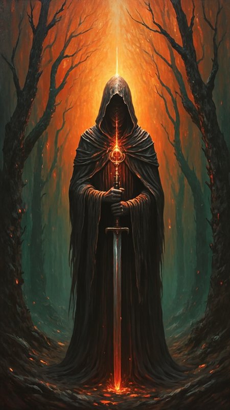 a mysterious figure standing in the center of the frame, positioned directly in front of the viewer, the figure is dressed in a dark hooded cloak, with the hood covering their face and the cloak flowing down their back, they are holding a large, glowing object in their hands, which appears to be a staff, the object is emitting a bright, orange light that emanates from behind the figure, creating a dramatic effect, the background is a dark, swirling pattern with a fiery orange hue, adding to the sense of power and mystery, the overall atmosphere is dark and foreboding, drawing the viewer's attention to the figure's enigmatic presence, A detailed oil painting of a dark figure in a hooded cloak, holding a sword, standing in a dark forest. The figure's head is obscured by a vibrant orange glow, while the background is a dark green, with a hint of orange and red, creating a sense of mystery and mystery.