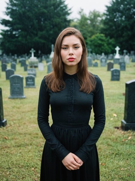 Analog photo of Nellie_LaPlace_P_MXAI_SDXL , tearful sad expression, "ready-for-a-funeral", black dress, looking down, in a rainy graveyard at dusk, ((full body shot)),  PA7_Portrait-FL