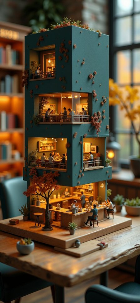 (indoors,indoor,isometric view,side view,tilt-shift lens:2), (fna_style,miniature,miniature,diorama,miniature,diorama,PVC,plastic:2),starry night,autumn giant (multi layers of museum with cafe cubic vertical:2.5) is located center, people, (in wooden square plate:3) (on table at study:3) <lora:Fantasy_Novel_Art_Style:1> <lora:Rostpunk:0.3>