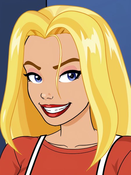 1girl, <lora:Charlie (Pornholio):0.65>, phcharlie, blonde hair, score_7_up, source_cartoon, smile, face, closeup