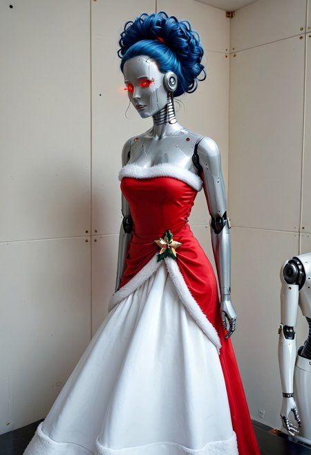 A 35mm photo a woman, she is a humanoid robots , robotic body, vibrant green robotic eyes, freckles, smooth featureless silver grey robotic skin, robotic aerials, metallic dark blue hair, elegant red Christmas satin dress with white fur trim, 
mannequin, faceless, egghead, noface, cyborg, TheFaceLess