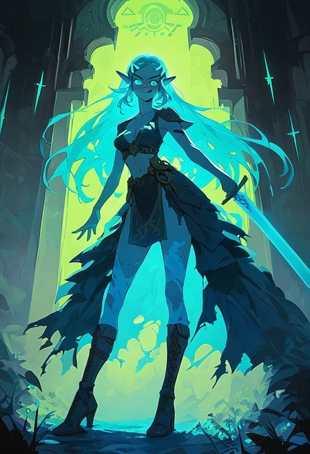 score_9, score_8_up, score_7_up, score_6_up, NLSTN, 1girl, 20 year old,  long blond hair:1.5, princess zelda, medium perky breasts, torn bride dress, cyan ribbons in hair, cleavage, long legs, cyan eyes, white thighhigh boots,  evil grin, licking lips, heavy blushing, medium ass, detailed background, glowing, dark, standing, huge cyan sword,