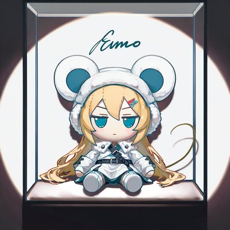 solo,(fumo \(doll\):1.5),(display case:1.5),sitting,mouse girl,blonde hair,mouse tail,golden mouse ears,long hair,white_ushanka,Oversized Hood  with fluffy edges,
Long White winter coat  with fur edges,(white Fur Trim:1.2),white shawl with fur edges,warm_pantyhose,Waist Belt,Layered Design,white_boots,gloves,
indoor,museum,(spotlight:1.5),solo_focus,depth of field,cover,best quality,masterpiece,absurdres,(ningen mame:0.8),<lora:rafaelaaa:0.8>,