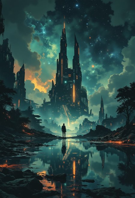 A digital painting in the style of ck-js, detailed photograph, a futuristic sci-fi city with tall towers and skyscrapers of chrome and glass, perfectly reflected in a tranquil, still lake, at night, detailed night sky with stars and nebulas
