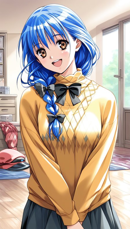 score_9, score_8_up, score_7_up, source_anime, rating_explicit, BREAK  <lora:Yasuda_Azumi_XL:1> Yasuda_Azumi, blue hair, long hair,  bangs, brown eyes, medium breasts,  braided ponytail,ãlow ponytail
headwear removed,  smile, v arms, open mouth,
Yellow sweater, long sleeves, shirt, argyle, black bow, 
home in the room, flooring, 
looking at viewer,