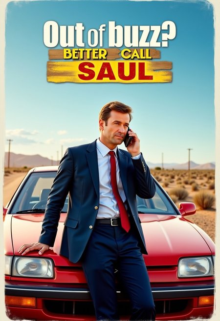 Highly detailed 4K image of a TV show poster for a parody series titled "Out of buzz? Better call Saul" playing on the name of the famous show Better call Sail. The poster features an image of a smart lawyer in a suit talking on a mobile phone leaning on the hood of a 1998 Suzuki Esteem. The background is an American desert scrubland.
The title "Out of buzz?"  is located at the top of the text, font  is bold and the text is white colour. "Better call" is located bellow, it`s a bold text with yellow colour. "Saul" is located below, it`s a bold text with red text colour
The poster is hyper realistic, high detailed, detailmaximizer