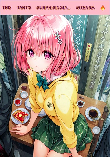 nsfw, highres, best quality, masterpiece, score 9 up, score 9, score 8 up, score 7 up, rating explicit, 1girl, lora:748cmSDXL:1, best quality, masterpiece, perfect composition, official art, 748cmstyle, 1girl, Expressiveh, In the streets of Paris, a young woman is sitting outside a charming patisserie. She is writing in a journal, a precisely cut \(triangular pie slice\) of deep golden \(apple pie slice\), rests on a white ceramic plate, slight caramelized lattice, A cup of espresso rests next to pie plate.  Soft morning light, pastel color tones, ExpresHGothicNeonIncase, ApplePie, Momo Deviluke, momo,pink hair,purple eyes,white flower hair ornament,